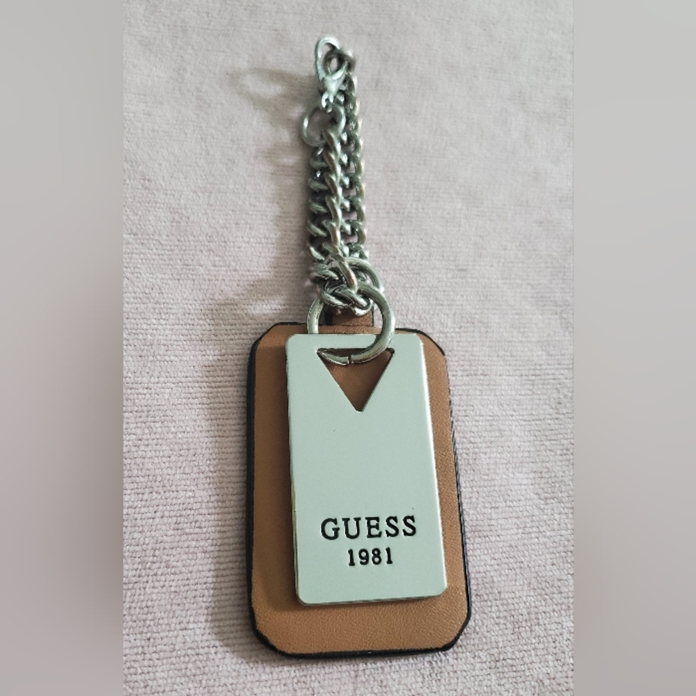 Guess Purse Charm, Silrver Tone Metal Tan Leather 2½ X 1½